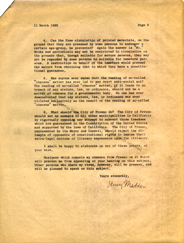 Page two, Letter to Fresno Mayor and City Council, March 1963