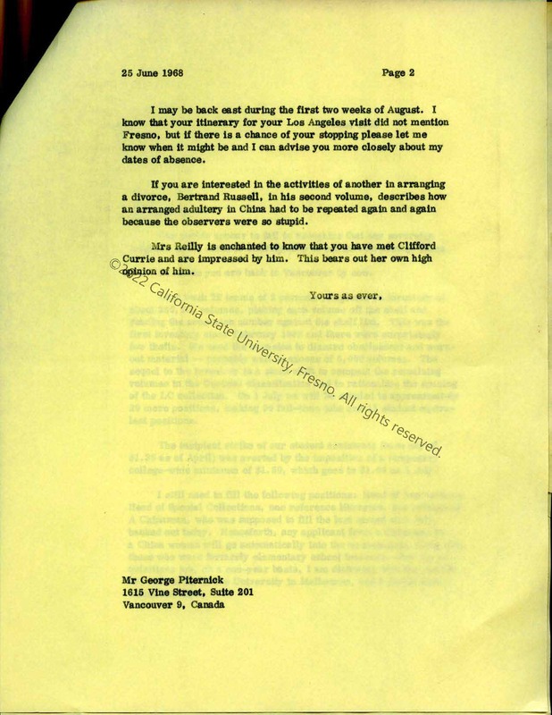 Page 1, Letter to Piternick, June 1968
