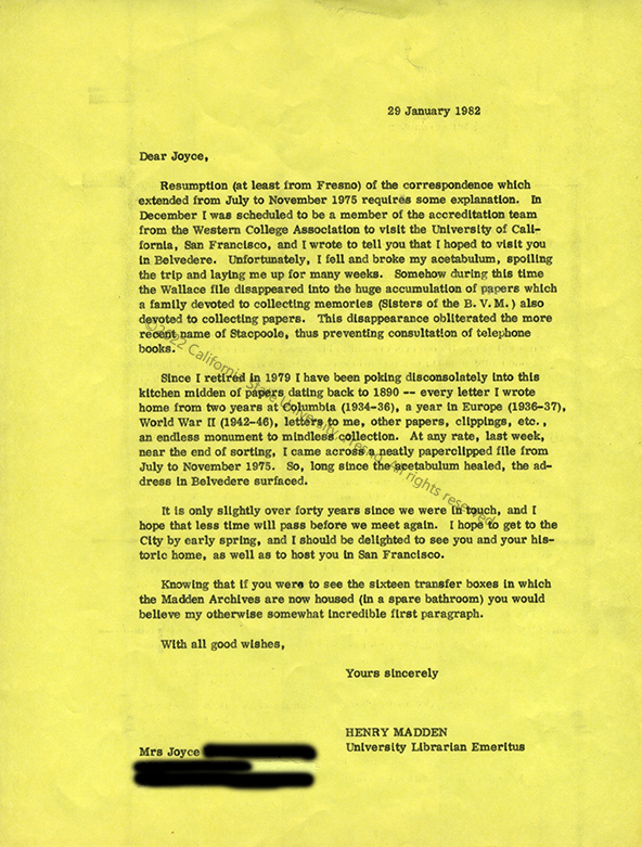 Only page, Letter to Stacpoole, January 1982