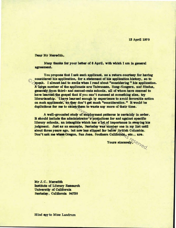 Only page, Letter to Meredith, April 1970