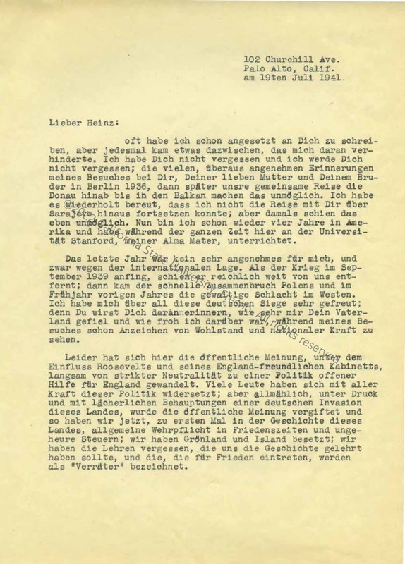 Page 1, Letter to Rüdiger in German, July 1941