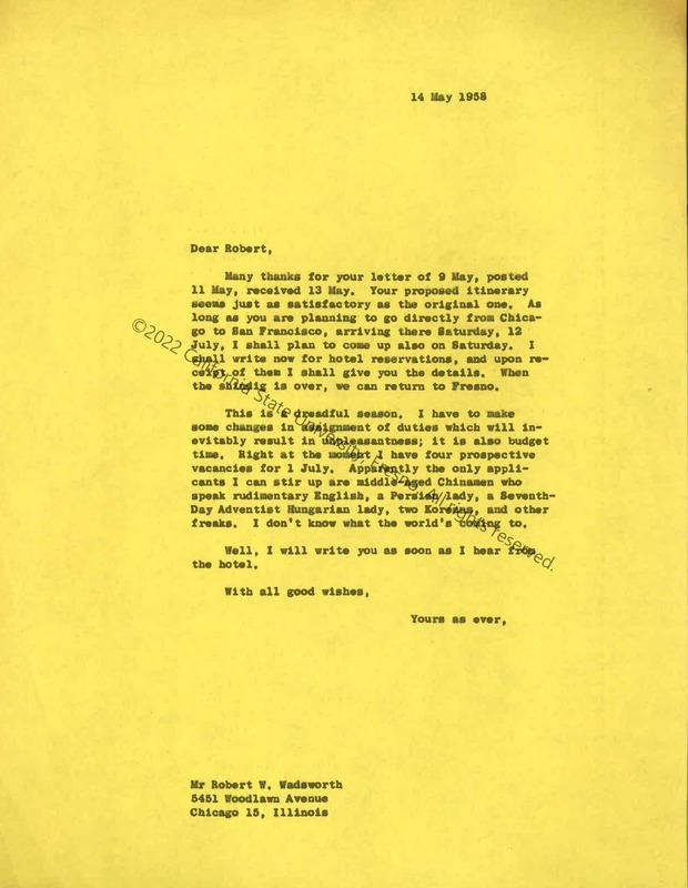 Only page, Letter to Wadsworth, May 1958