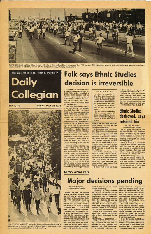 Daily Collegian clipping states President Falk claims to end the ethnic studies program